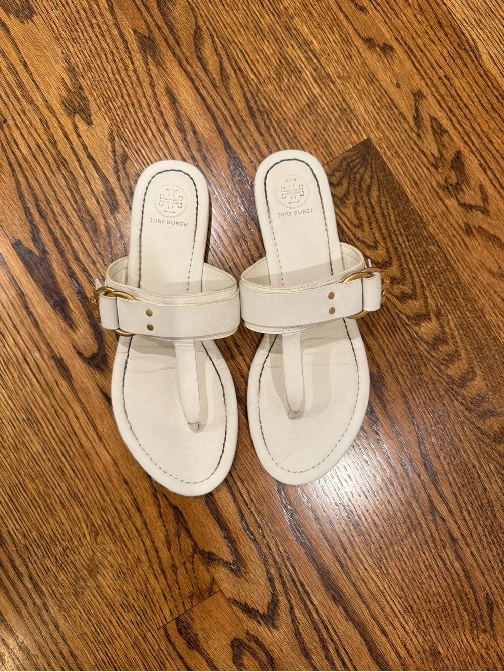 Tory Burch White Leather Thong Sandals with Gold Accent